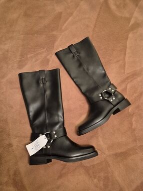 NWT Time And Tru Black Mid-Calf Moto Boots Womens Size 7, Square Toe